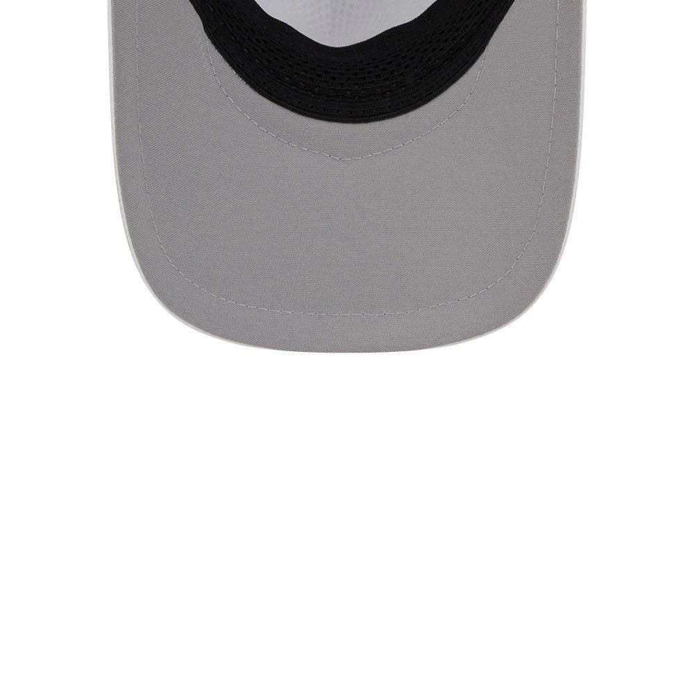 New York Yankees MLB Quickstrike White New Era 9FORTY Apex Adjustable Cap, inside view showing a grey visor with a contrasting black sweatband and white mesh taping, offering a detailed look at the interior structure and stitching.