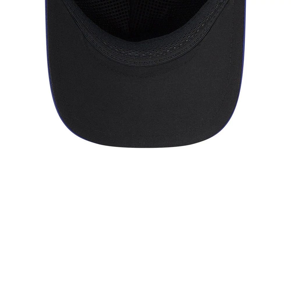 LA Dodgers MLB Quickstrike Dark Blue New Era 9FORTY Apex Adjustable Cap, inside view showing a black undervisor with contrast stitching along the edge, a black mesh sweatband, and interior taping along the seams for added reinforcement.
