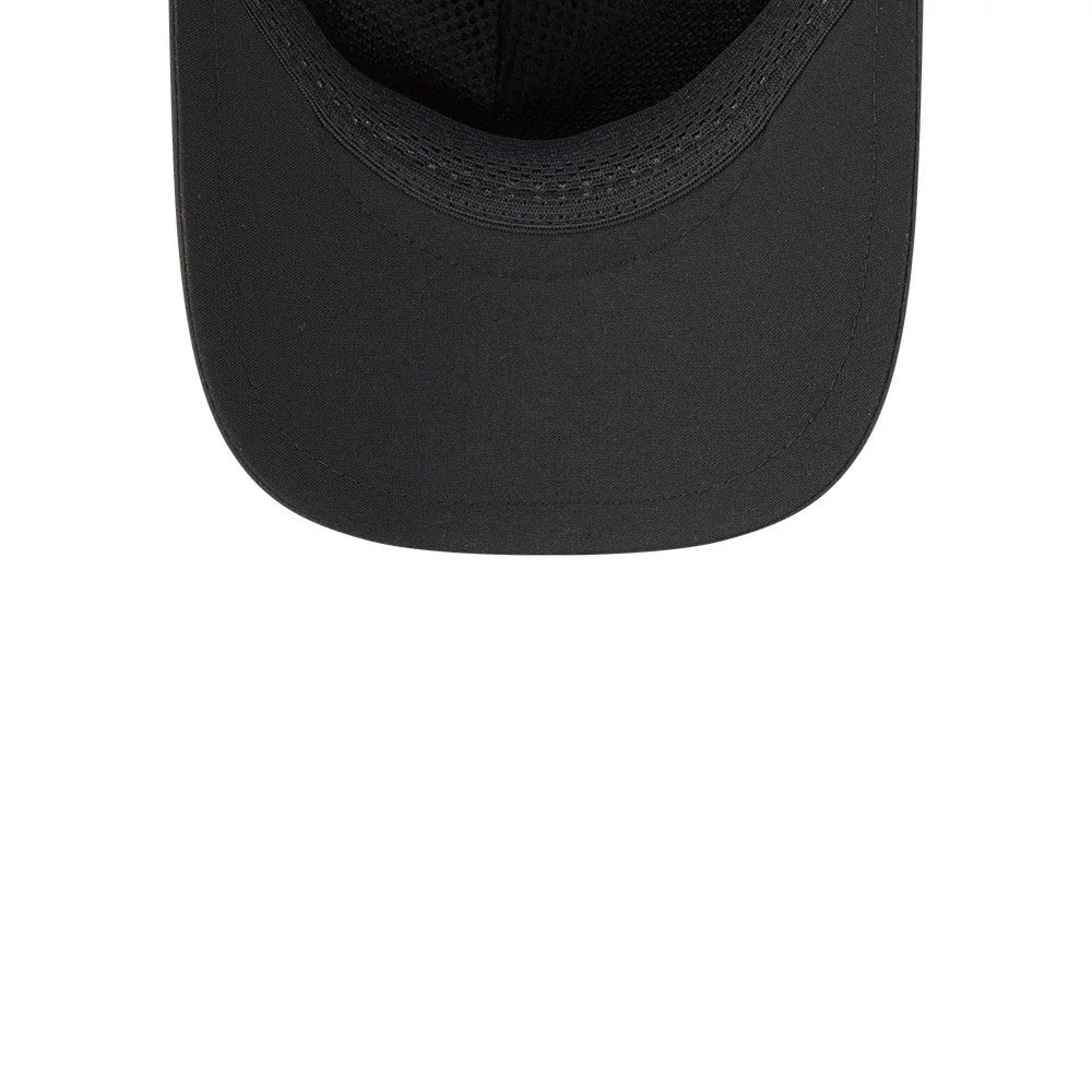 Miami Marlins MLB Quickstrike Black New Era 9FORTY Apex Adjustable Cap, inside view showing the black mesh sweatband, plain black undervisor, and structured black taping along the crown, designed for comfort and durability.