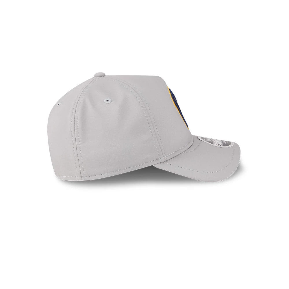 Milwaukee Brewers MLB Quickstrike Grey New Era 9FORTY Apex Adjustable Cap, side view showing a structured grey crown with white eyelets, a curved visor and part of the Brewers logo on the front panel, with a 9FORTY size sticker on the visor.