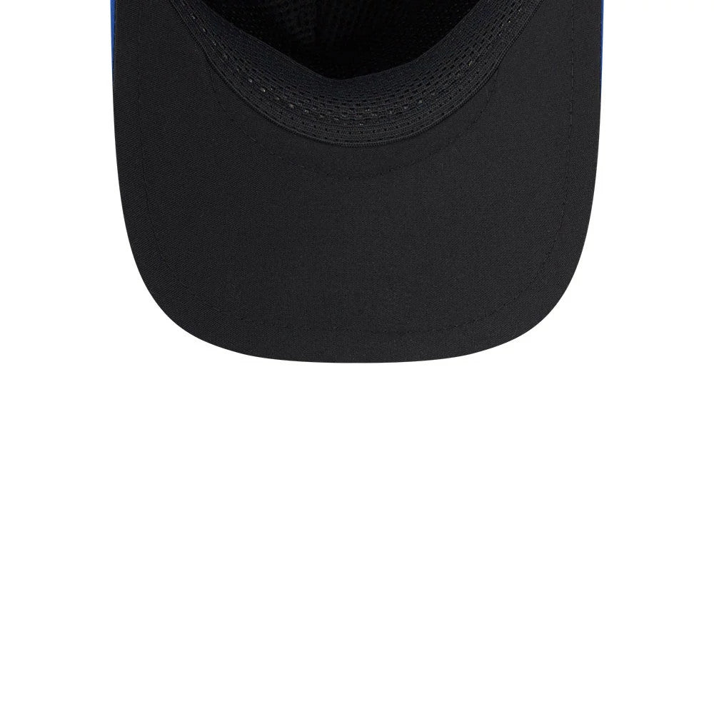 New York Mets MLB Quickstrike Blue New Era 9FORTY Apex Adjustable Cap, inside view showing the black undervisor, black sweatband along the interior of the structured crown, and the absence of taping for a finish.