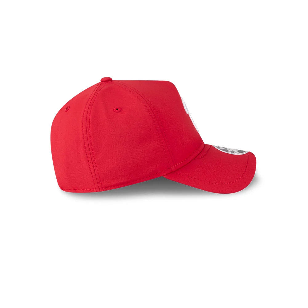Philadelphia Phillies MLB Quickstrike Red New Era 9FORTY Apex Adjustable Cap, side view showing a clean embroidered logo on the front panel, a curved visor with the 9FORTY size sticker, and a structured red crown with matching eyelets and top button.