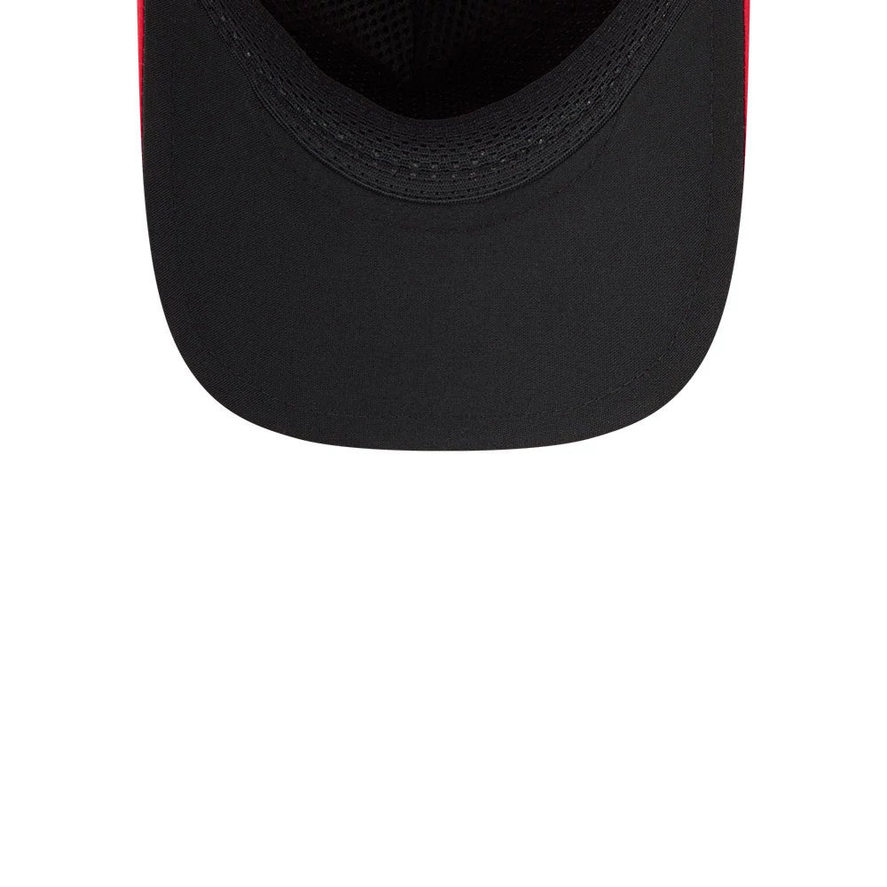 Philadelphia Phillies MLB Quickstrike Red New Era 9FORTY Apex Adjustable Cap, inside view showing the black sweatband encircling the interior, black undervisor in focus, and the mesh panelling along the curved structure.