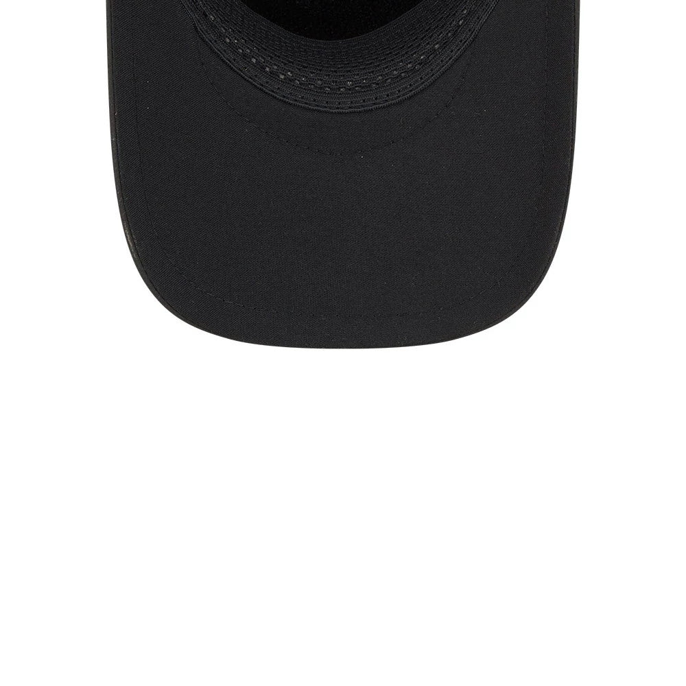 Pittsburgh Pirates MLB Quickstrike Black New Era 9FORTY Apex Adjustable Cap, inside view showing black material covering the curved visor, with on the inner stitching and a plain black sweatband lining the inside.