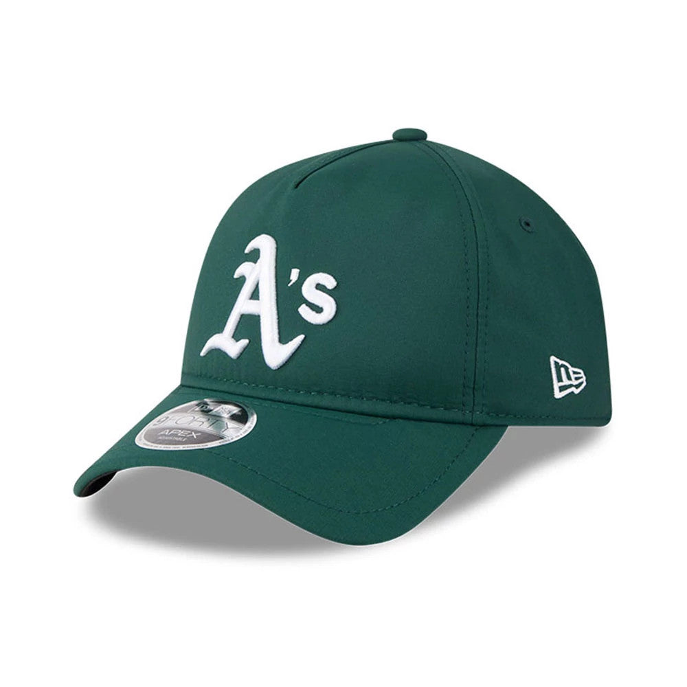 Athletics MLB Quickstrike Dark Green New Era 9FORTY Apex Adjustable Cap, front view showing the white embroidered A's logo on the structured dark green crown, with a pre-curved visor and a 9FORTY size sticker on the visor.