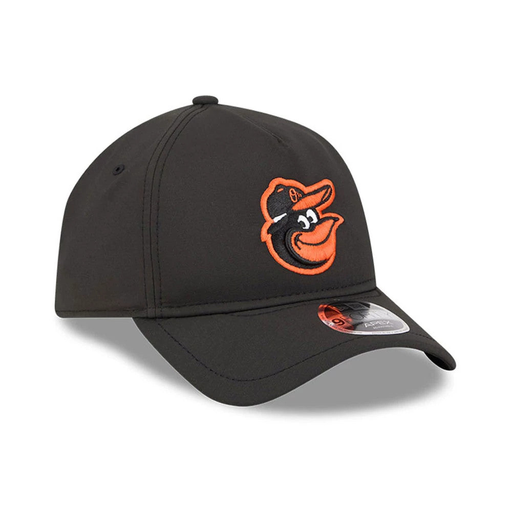 Baltimore Orioles MLB Quickstrike Black New Era 9FORTY Apex Adjustable Cap, three-quarter view showing the raised orange and white embroidered Orioles logo on the front panel, with a curved black visor and the 9FORTY size sticker on the visor.