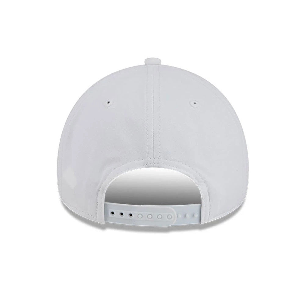 LA Kings NHL Quickstrike White New Era 9FORTY Apex Adjustable Cap, rear view showing the adjustable snap closure in light grey on the structured white crown, with circular embroidered eyelets and a protruding top button.