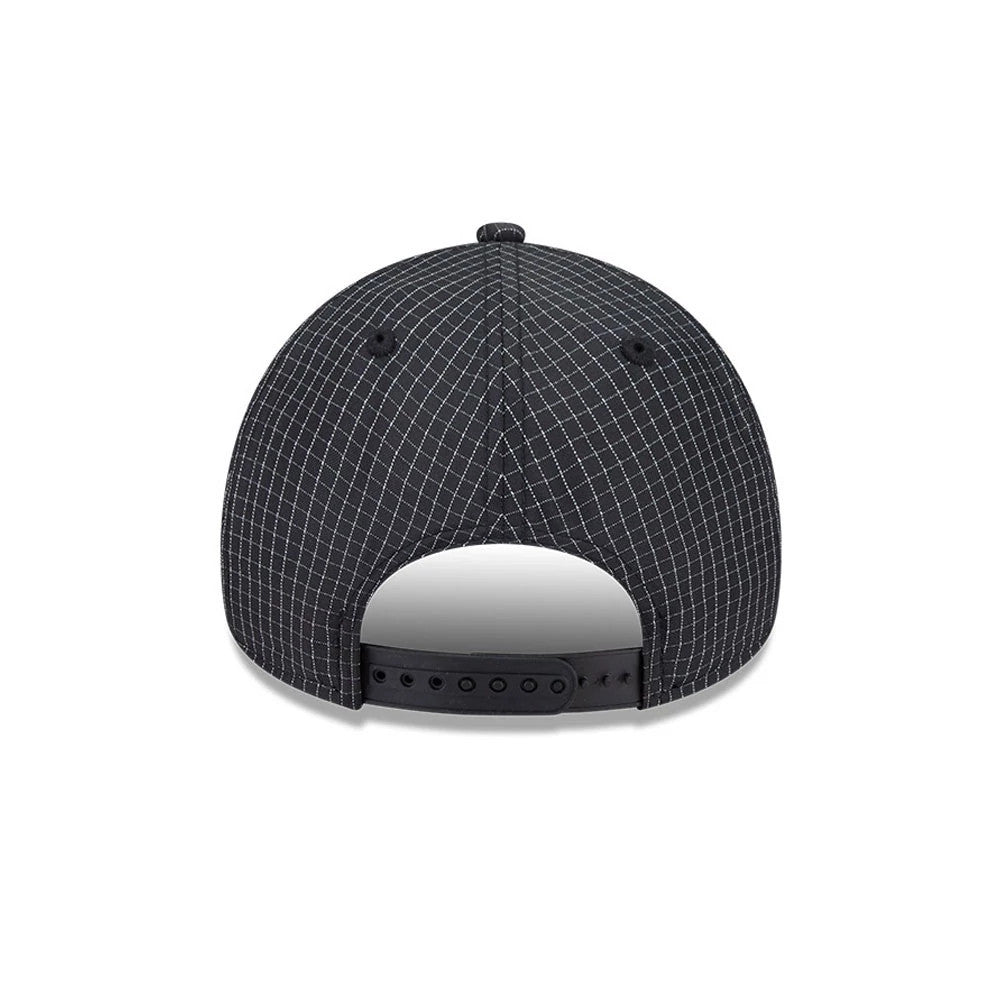 LA Dodgers MLB Quickstrike Black New Era 9FORTY Apex Adjustable Cap, rear view showing a black snapback closure, detailed white grid pattern across the structured black crown, and black eyelets near the top button.