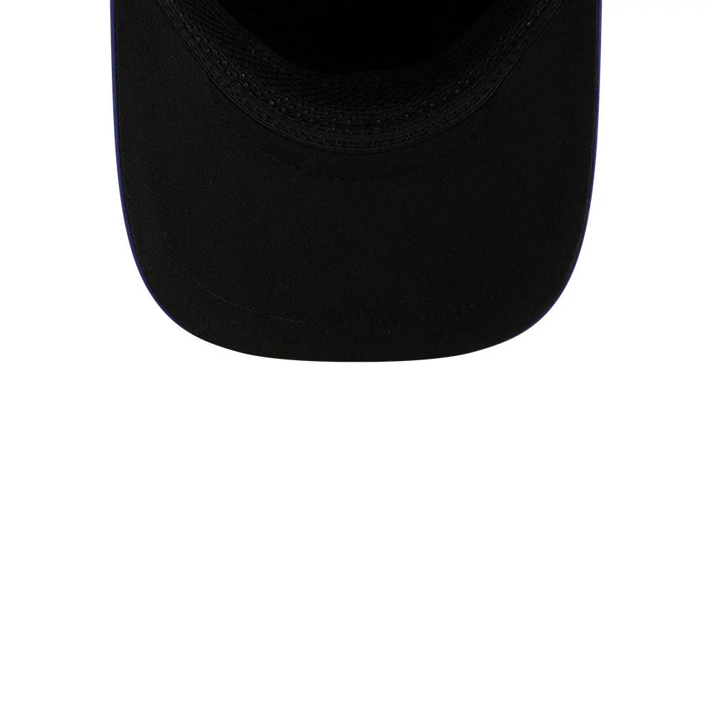 Dodgers MLB Quickstrike Dark Blue New Era 9FORTY Apex Adjustable Cap, inside view showing the black undervisor and taping, with an all-black sweatband lining the interior, highlighting meticulous stitching and construction details.