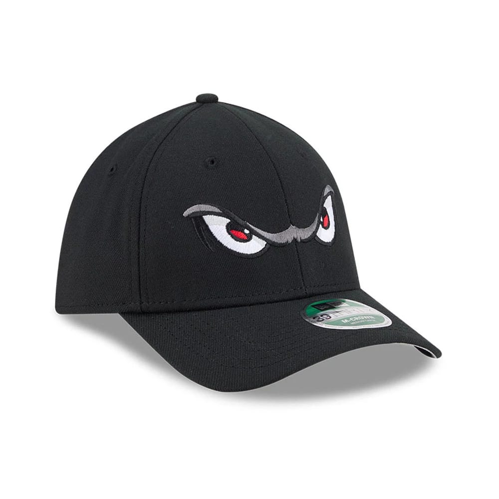 Pictured is this MiLB On Field Player Replica Lake Elsinore Storm 39THIRTY M-Crown Stretch Fit cap in Black. 4