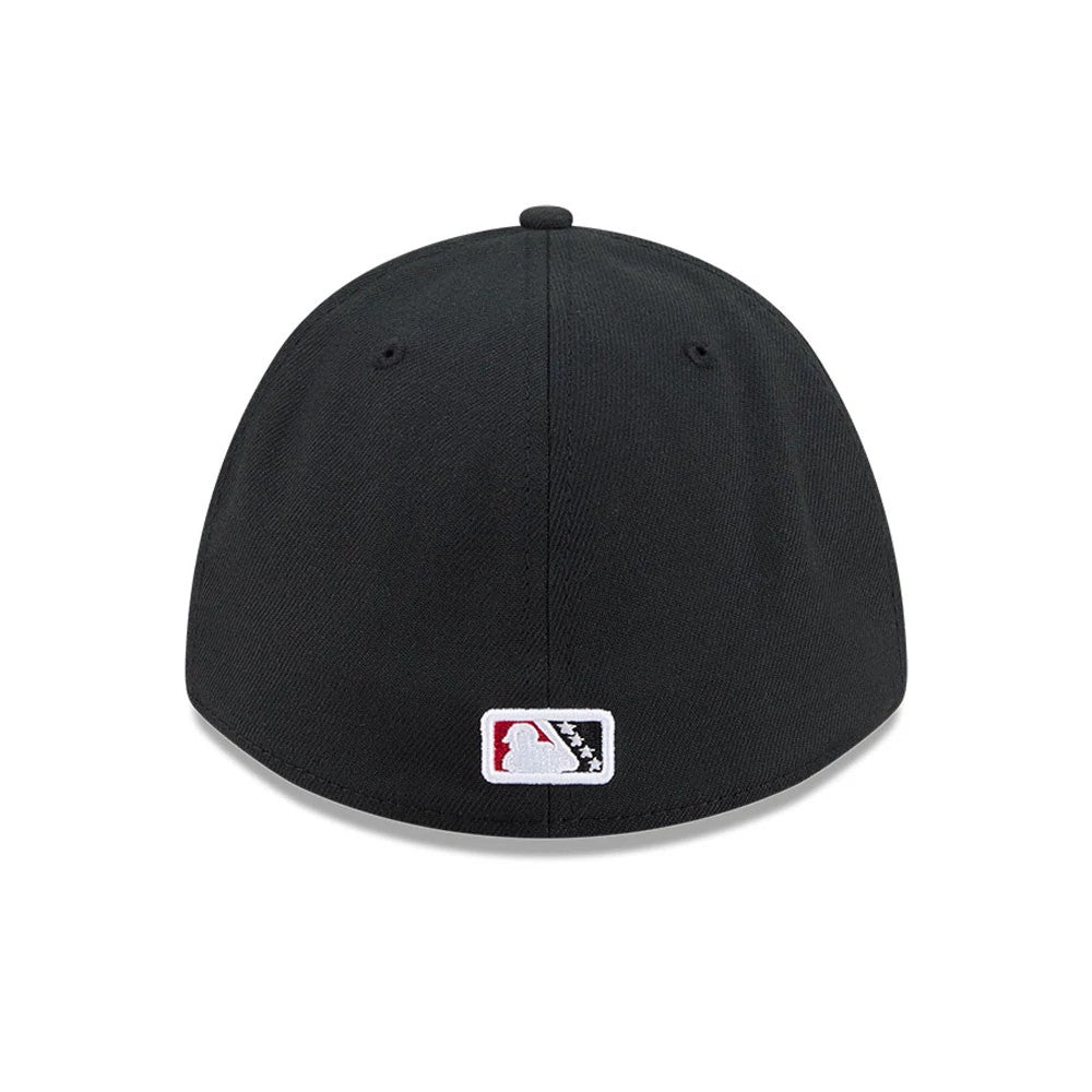 Pictured is this MiLB On Field Player Replica Lake Elsinore Storm 39THIRTY M-Crown Stretch Fit cap in Black. 7