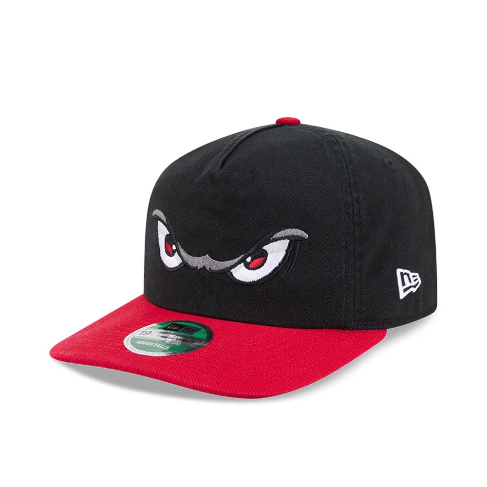 Lake Elsinore Storm MiLB On Field Player Replica Black New Era 19TWENTY Cap, three-quarter view showing the fierce embroidered eye logo on the front panel, a contrasting red visor with a 19TWENTY size sticker.