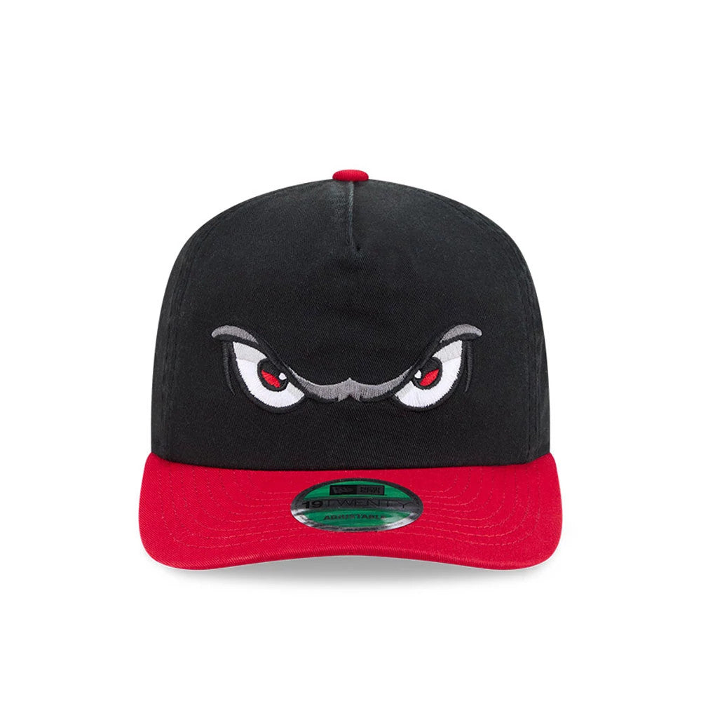 Lake Elsinore Storm MiLB On Field Player Replica Black New Era 19TWENTY Cap, front view showing a white and red embroidered eye logo on the structured black crown, with a flat red visor and green 19TWENTY size sticker.