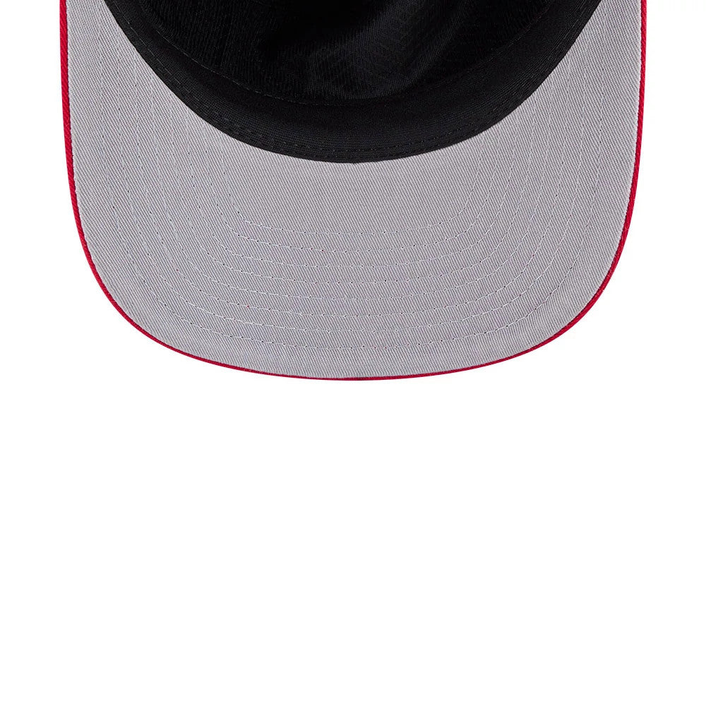 Lake Elsinore Storm MiLB On Field Player Replica Black New Era 19TWENTY Cap, inside view showing a black sweatband, black taping, and a red undervisor with a grey front section, highlighting the contrast against the cap's interior.