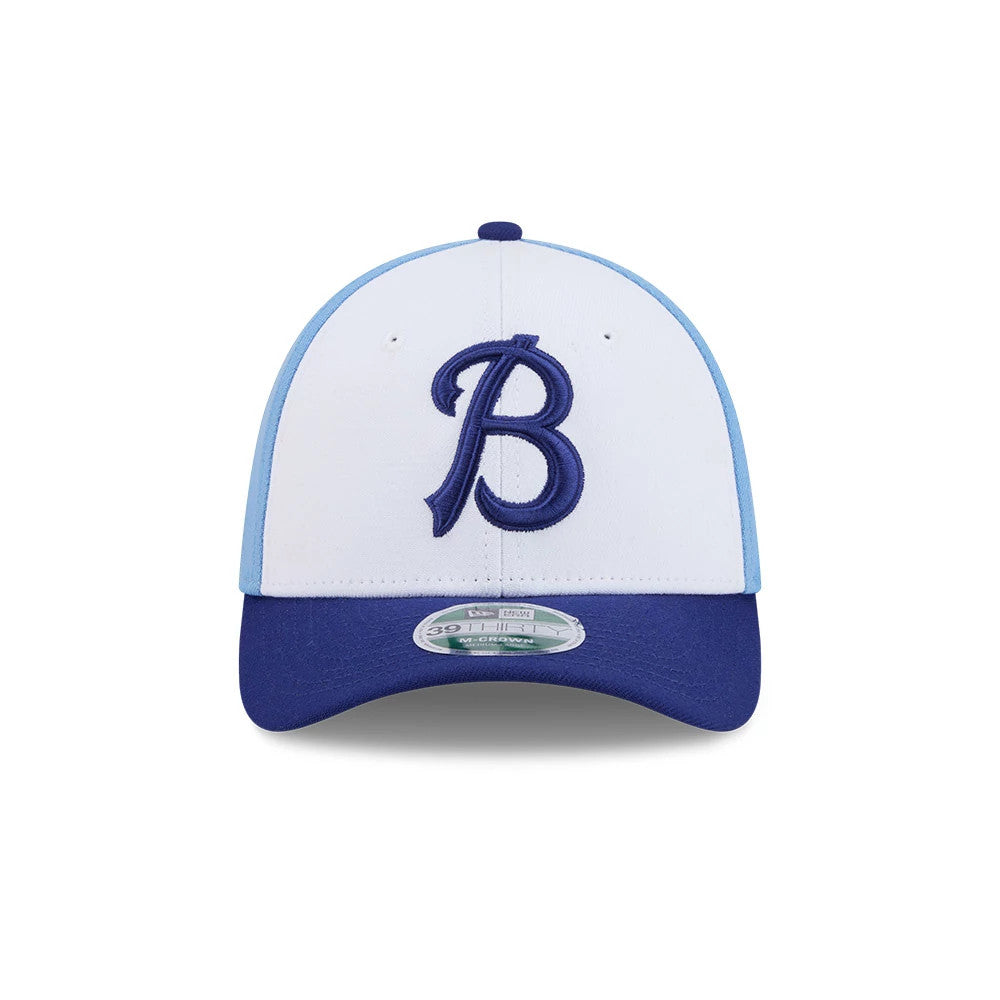 Buffalo Bisons MiLB On Field Blue New Era 39THIRTY M-Crown Stretch Fit Cap, front view showing the dark blue embroidered B logo on the white front panel, with a matching dark blue curved visor and a 39THIRTY size sticker on the undervisor.