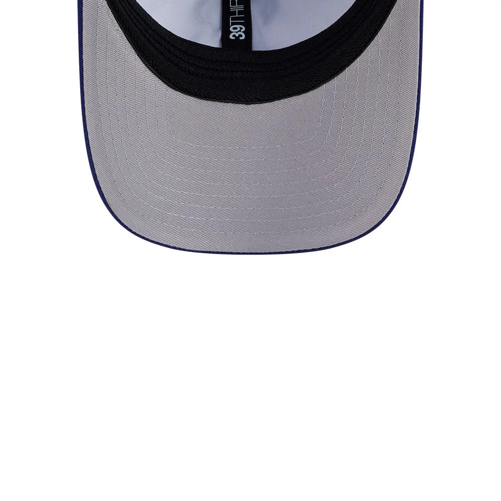 Buffalo Bisons MiLB On Field Blue New Era 39THIRTY M-Crown Stretch Fit Cap, inside view showing the grey undervisor with a contrasting black sweatband, 39THIRTY taping down the centre, and stitch detail.