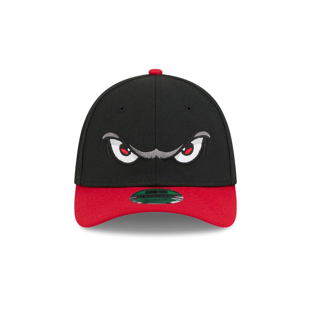 Storm MiLB On Field Black New Era 39THIRTY M-Crown Stretch Fit Cap, front view showing a grey and red embroidered angry eyes graphic on the black crown, with a red curved visor and a 39THIRTY size sticker.