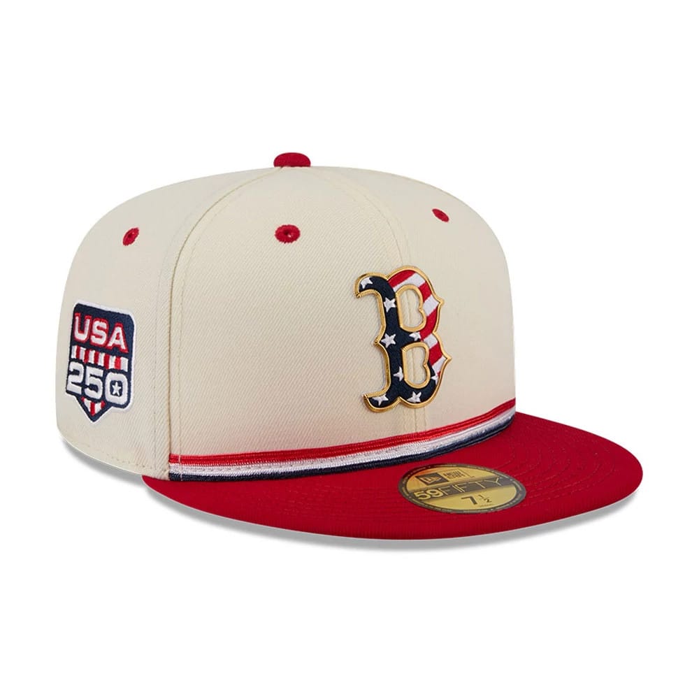 Pictured is this MLB 4th Of July 2026 Boston Red Sox 59FIFTY Fitted cap in red. 1