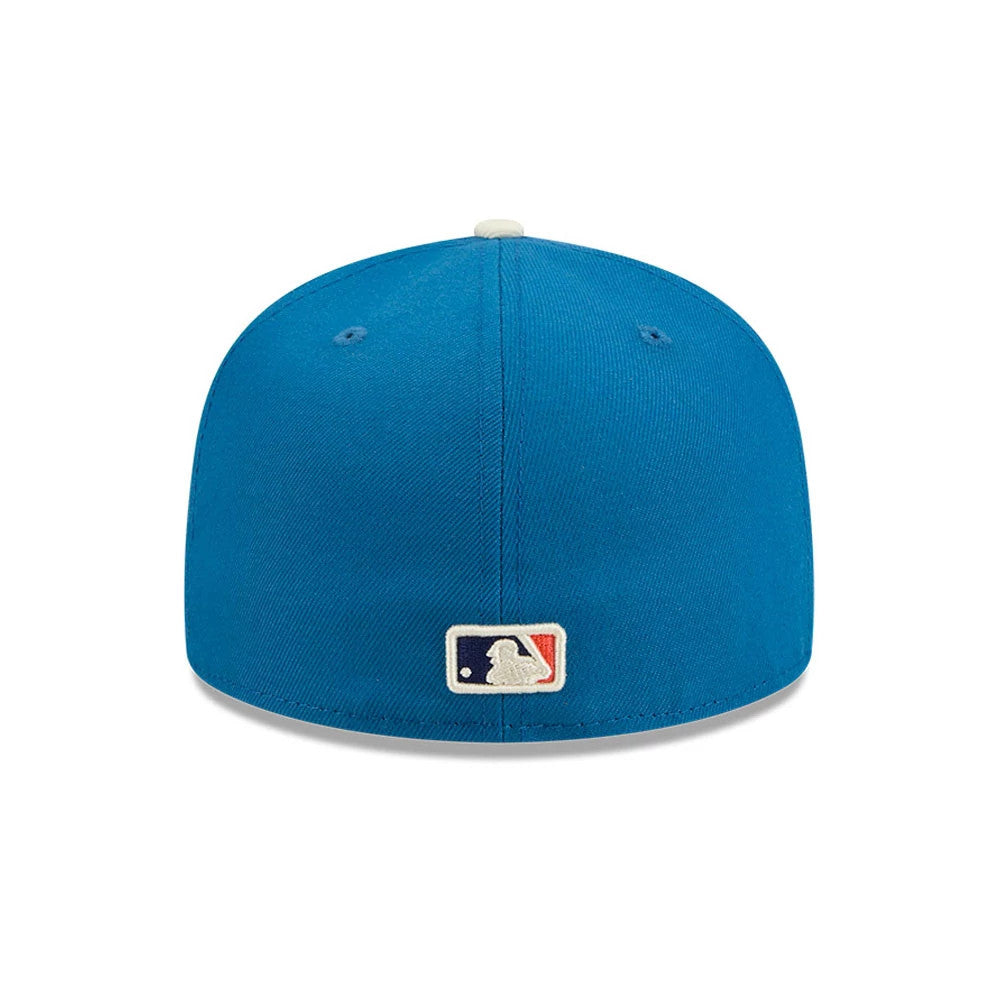 Milwaukee Brewers MLB City Connect Blue New Era 59FIFTY Fitted Cap, rear view showing the embroidered MLB Batterman logo centred on the back panel, with a structured blue crown and matching eyelets providing a finish.