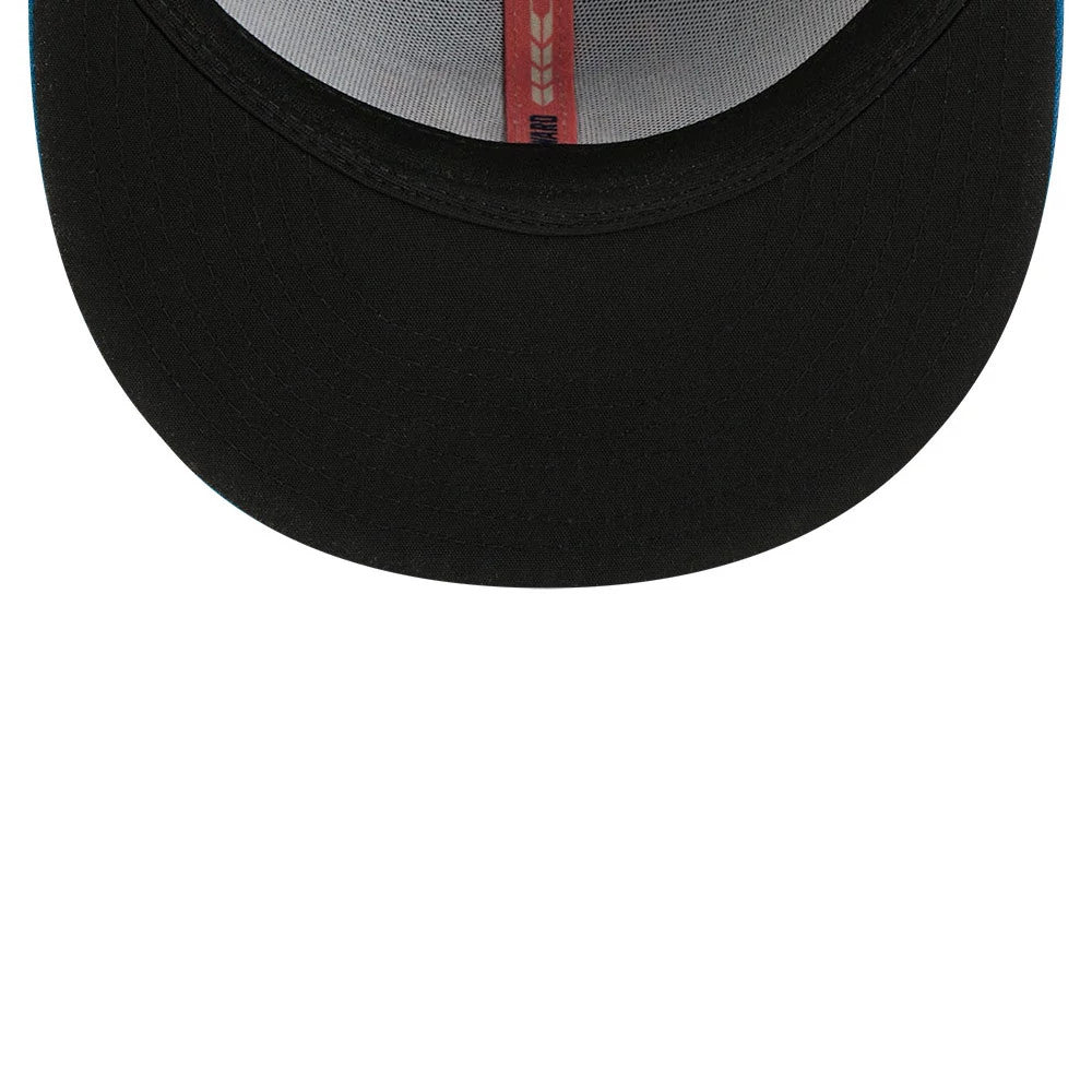 Milwaukee Brewers MLB City Connect Blue New Era 59FIFTY Fitted Cap, inside view showing a black undervisor, a red taping stripe with a white wheat graphic running through the centre.