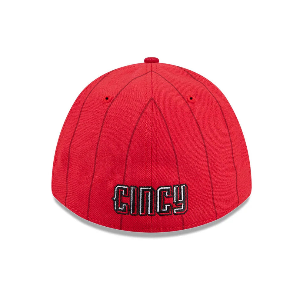 Pictured is this MLB City Connect Cincinnati Reds 39THIRTY M-Crown Stretch Fit cap in Red. 7