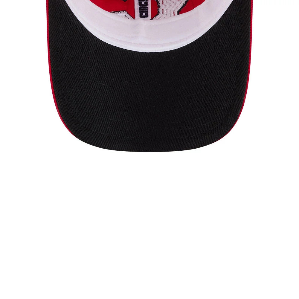 Cincinnati Reds MLB City Connect Red New Era 9TWENTY Adjustable Cap, inside view showing the black visor with red edging, a white sweatband, and black taping with the New Era branding and Cincinnati Reds design.