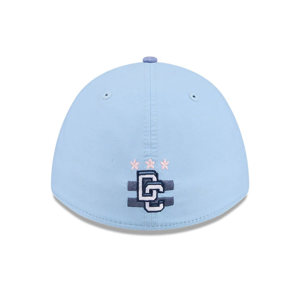 Nationals MLB City Connect Navy New Era 39THIRTY M-Crown A-Frame Stretch Fit Cap, rear view showing a navy embroidered DC logo and three pink stars centred on the back panel of the light blue crown, with matching eyelets and top button.