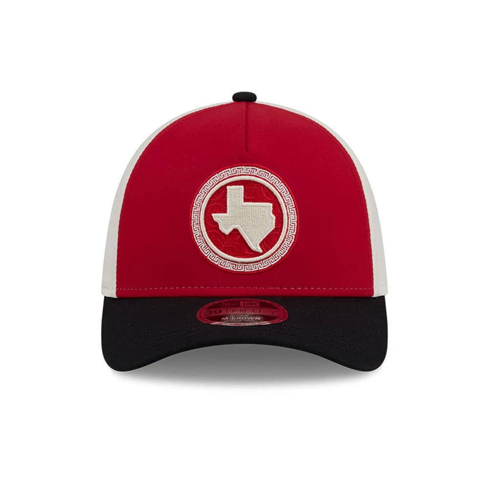 Pictured is this MLB City Connect Texas Rangers 39THIRTY M-Crown A-Frame Stretch Fit cap in red. 3