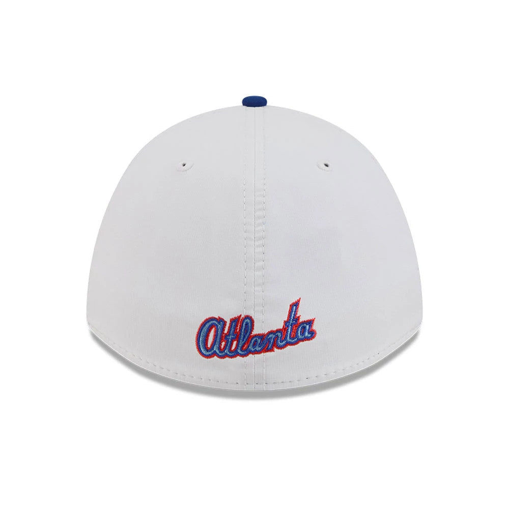 Braves MLB City Connect Blue New Era 39THIRTY M-Crown A-Frame Stretch Fit Cap, rear view showing the red and blue embroidered Atlanta script logo placed low on the structured white crown, with blue top button and dual eyelets.