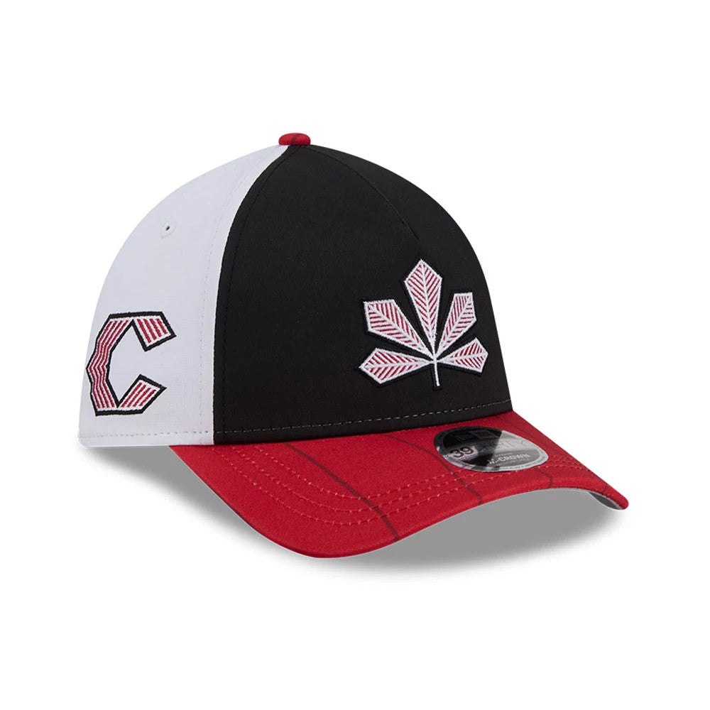 Pictured is this MLB City Connect Cincinnati Reds 39THIRTY M-Crown A-Frame Stretch Fit cap in black. 1