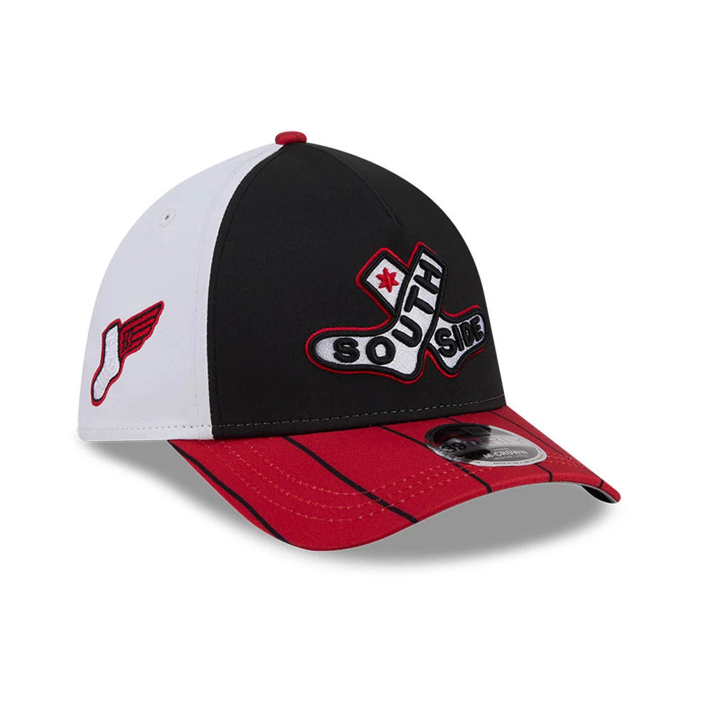 Pictured is this MLB City Connect Chicago White Sox 39THIRTY M-Crown A-Frame Stretch Fit cap in black. 1