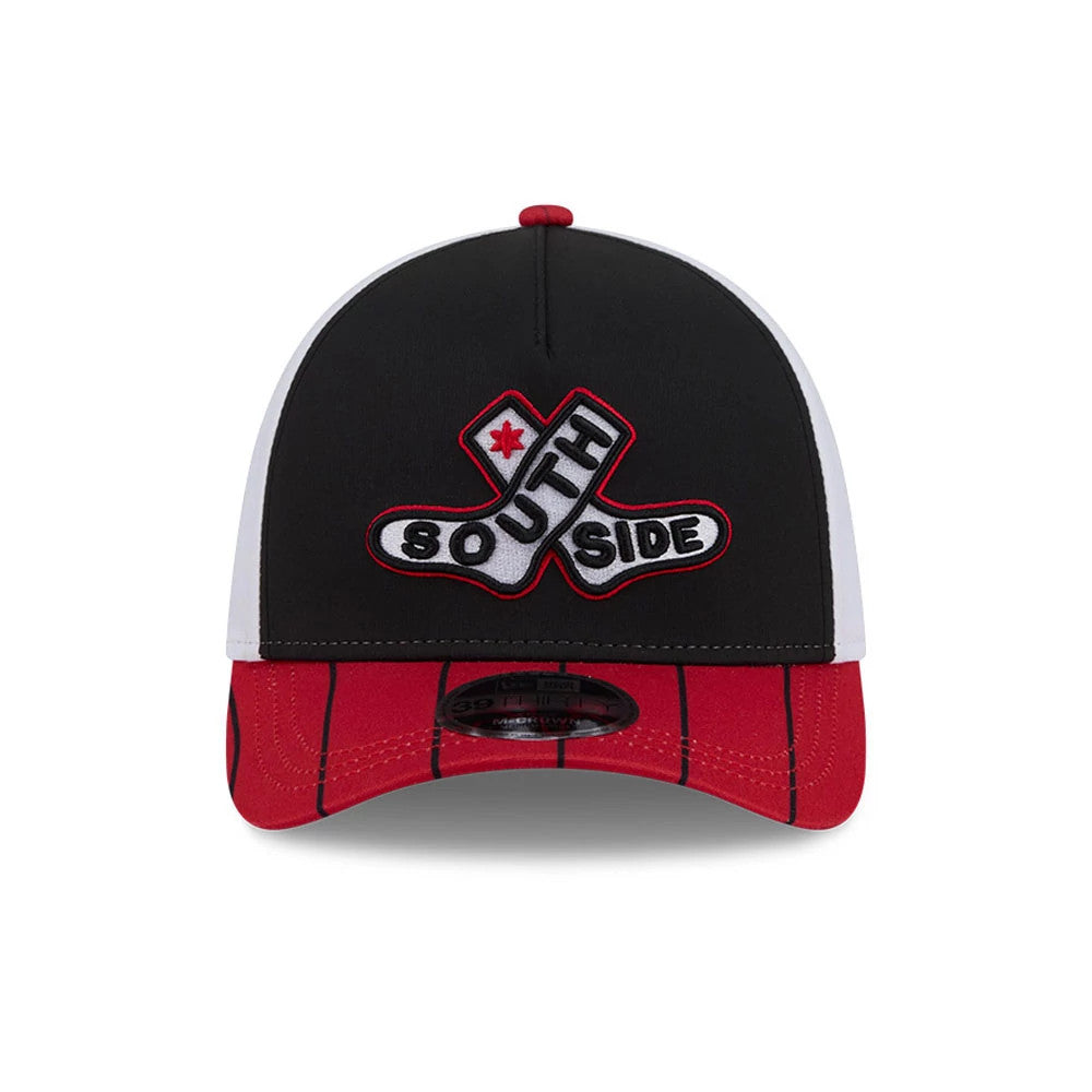 Pictured is this MLB City Connect Chicago White Sox 39THIRTY M-Crown A-Frame Stretch Fit cap in black. 3