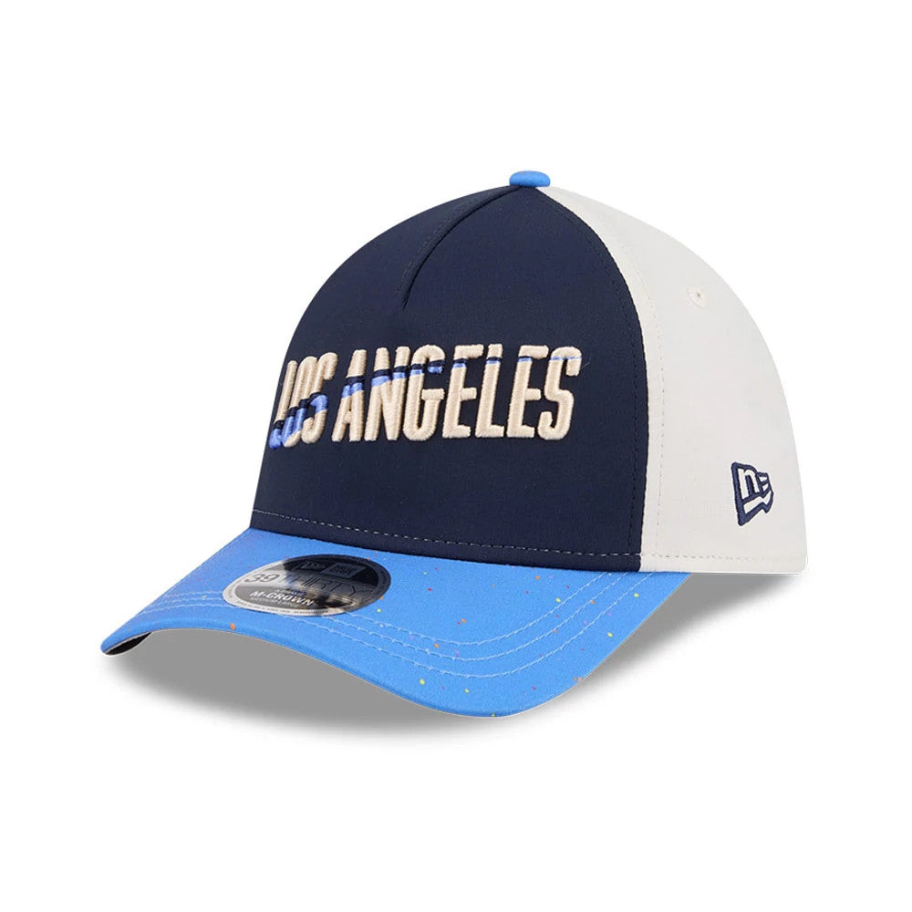 Pictured is this MLB City Connect LA Dodgers 39THIRTY M-Crown A-Frame Stretch Fit cap in navy. 4