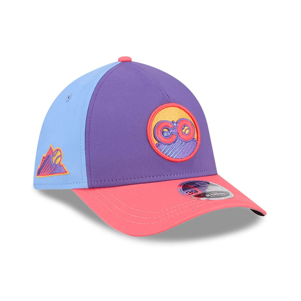 Pictured is this MLB City Connect Colorado Rockies 39THIRTY M-Crown A-Frame Stretch Fit cap in Purple. 1