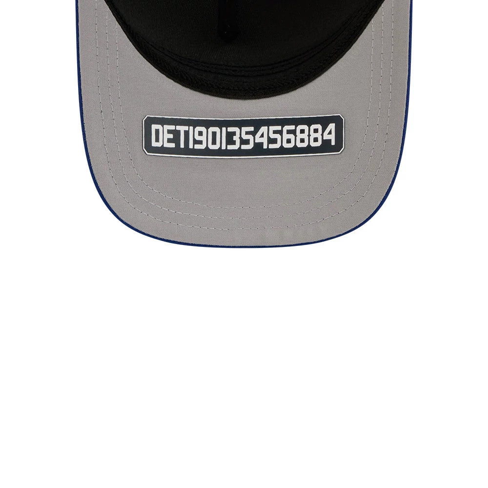 Tigers MLB City Connect Navy New Era 39THIRTY M-Crown A-Frame Stretch Fit Cap, inside view showing the grey undervisor with white embroidered text, a contrasting navy edge, and the interior stitching detail near the crown.