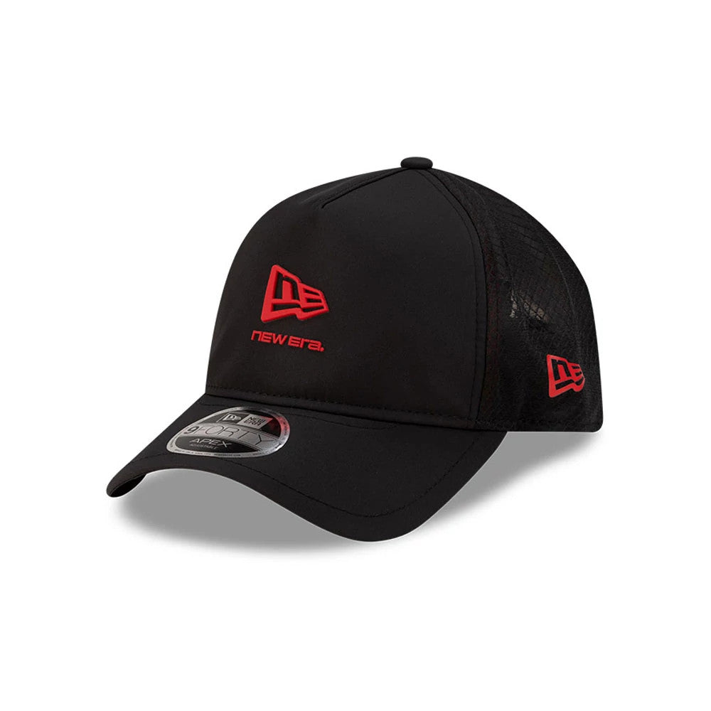 New Era Black & Red 9FORTY Apex Cap, front view showing the embroidered red New Era logo on the front panel, complemented by the black pre-curved visor with a 9FORTY size sticker, and mesh side panels with a red logo.