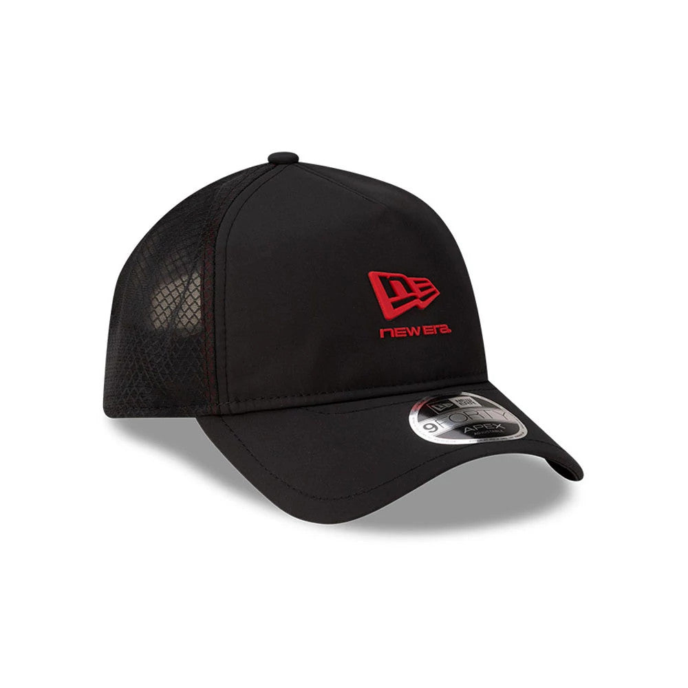 New Era Black & Red 9FORTY Apex Cap, three-quarter view showing the red embroidered New Era logo on the front panel, a curved black visor with a 9FORTY size sticker and a mesh pattern on the side panels.