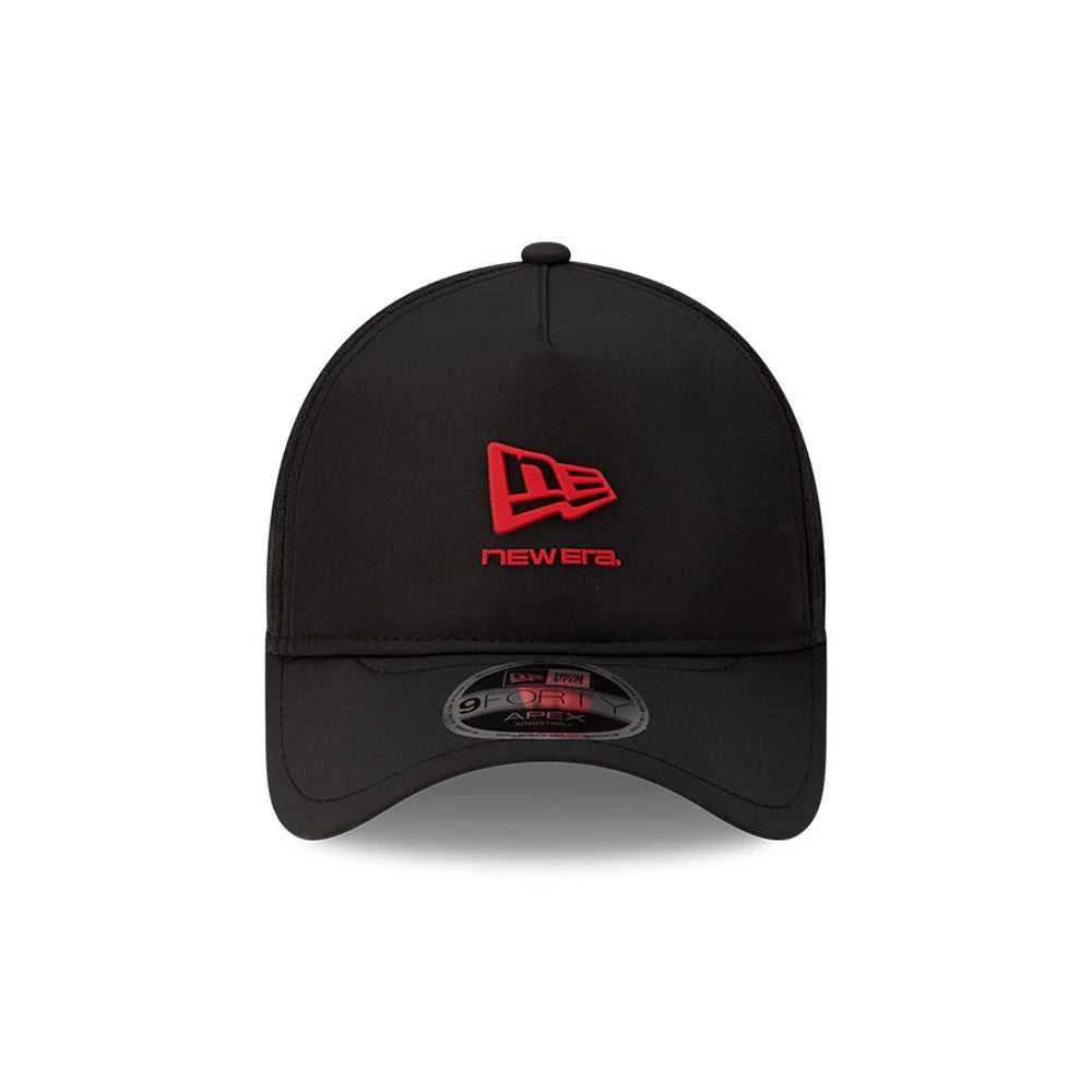 New Era Black & Red 9FORTY Apex Cap, front view showing the raised red embroidered New Era flag logo and text on the front panel, with a curved black visor and a 9FORTY size sticker on the visor.