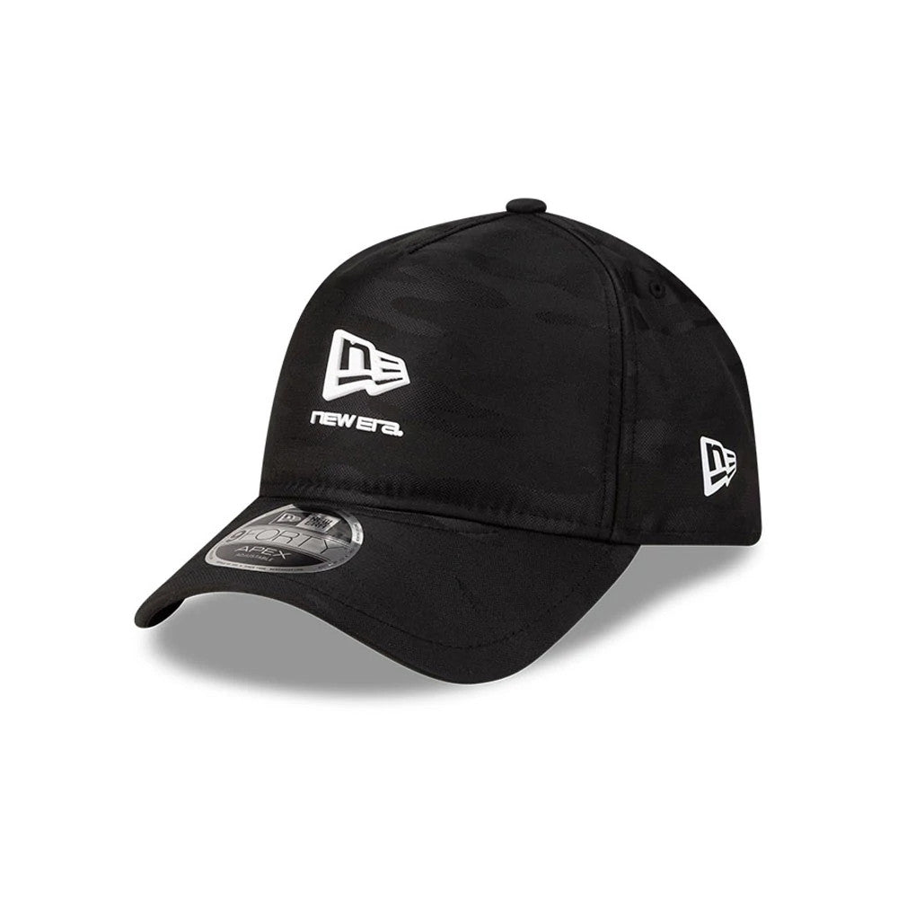 New Era Black 9FORTY Apex Cap, three-quarter view showing the white embroidered New Era logo on the front panel, a curved black visor with a 9FORTY size sticker, and the New Era flag logo embroidered on the left side.