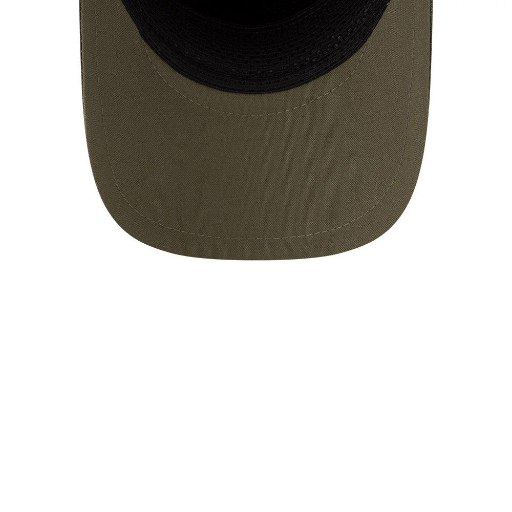New Era Green 9FORTY Apex Cap, inside view showing the black mesh sweatband outlining the interior, a black undervisor creating contrast with the green curved visor, and neat stitching along the edges.