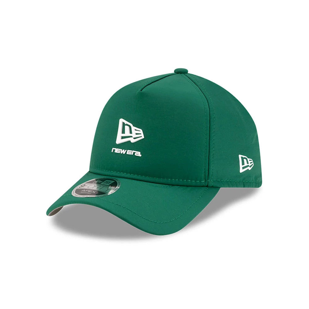New Era Dark Green 9FORTY Apex Cap, three-quarter view showing the large white embroidered New Era logo on the front panel, a matching logo on the left side, and a 9FORTY size sticker on the curved visor.
