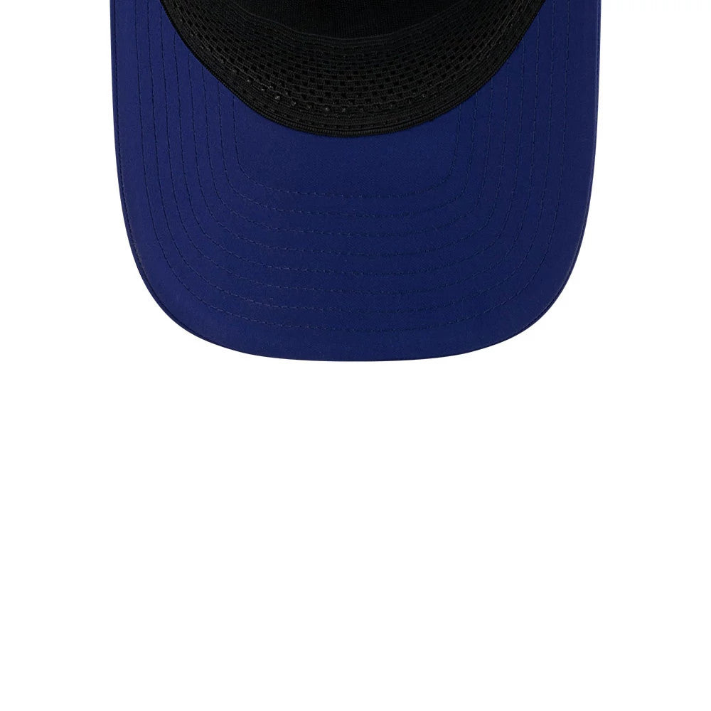 Dodgers MLB Batting Practice 2026 Dark Blue New Era 9FORTY M-Crown A-Frame Adjustable Cap, top view showing the dark blue curved visor with black mesh underneath the crown, highlighting the detailed stitching lines across the visor.