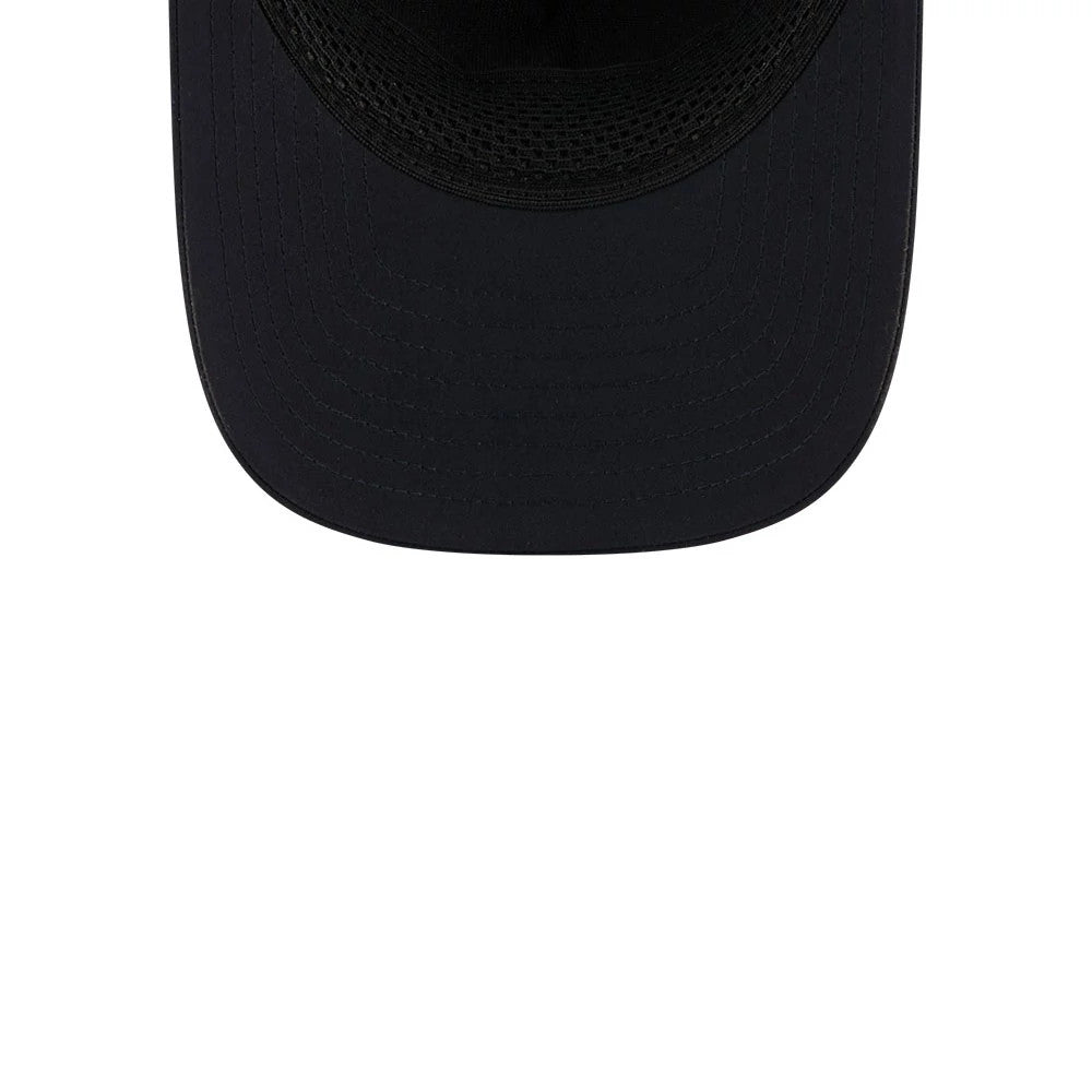 Yankees MLB Batting Practice 2026 Navy New Era 9FORTY M-Crown A-Frame Adjustable Cap, inside view showing black taping across the interior, a matching sweatband along the inner edge, and a dark undervisor completing the structured design.