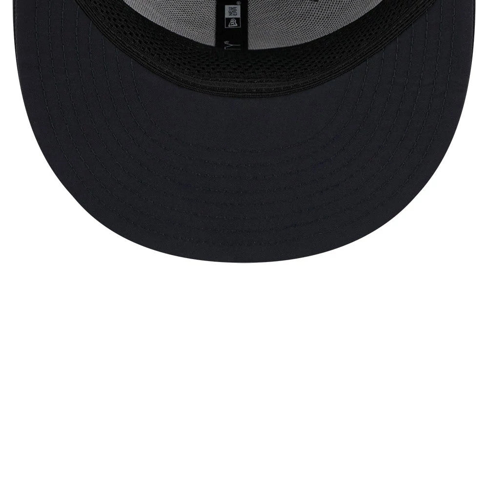 Houston Astros MLB Batting Practice 2026 Navy New Era 59FIFTY Fitted Cap, inside view showing grey taping with care labels on the crown, a black sweatband, and a black undervisor on the structured flat-visor silhouette.
