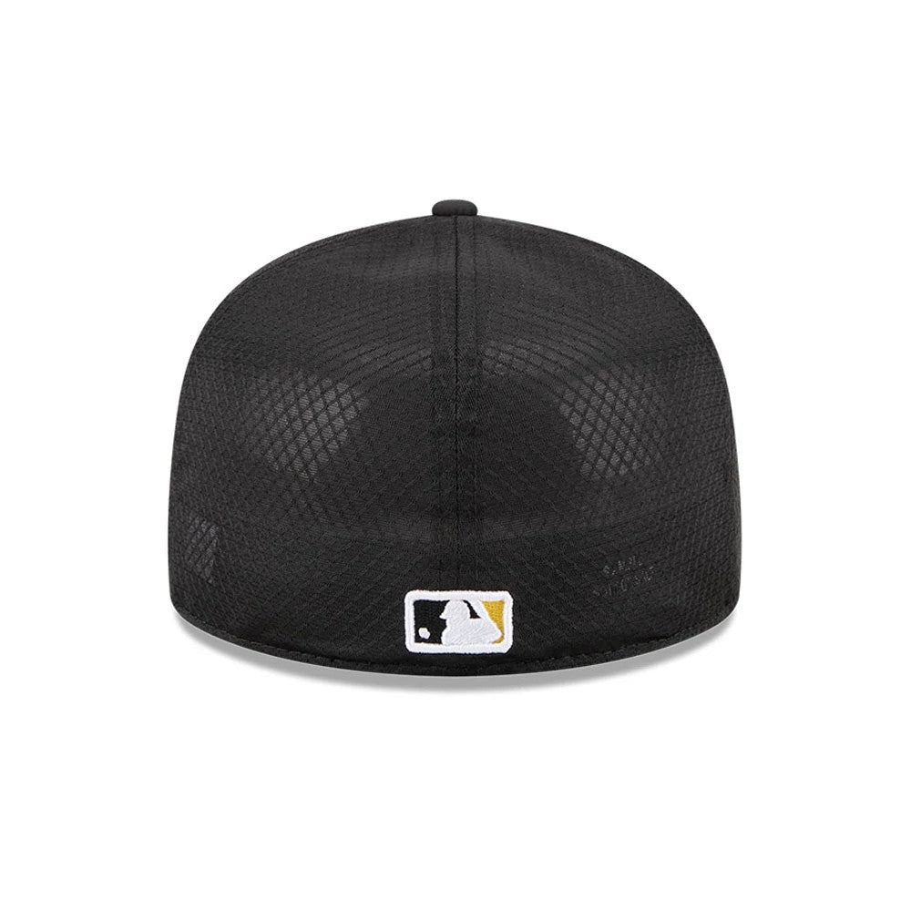 Pittsburgh Pirates MLB Batting Practice 2026 Black New Era 59FIFTY Fitted Cap, rear view showing the MLB Batterman logo embroidered in white, black, and gold at the centre back of the panelled black mesh crown.