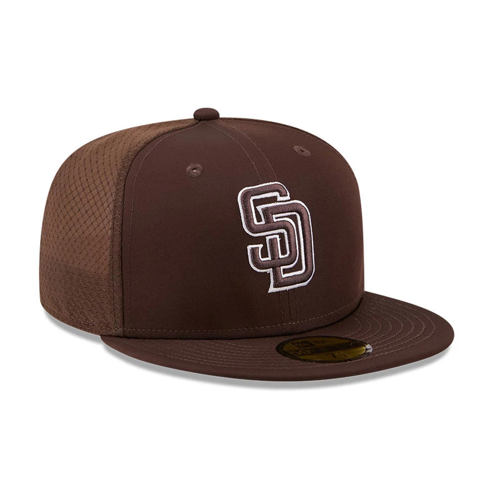 Pictured is this MLB Batting Practice 2026 San Diego Padres 59FIFTY Fitted cap in dark brown. 3