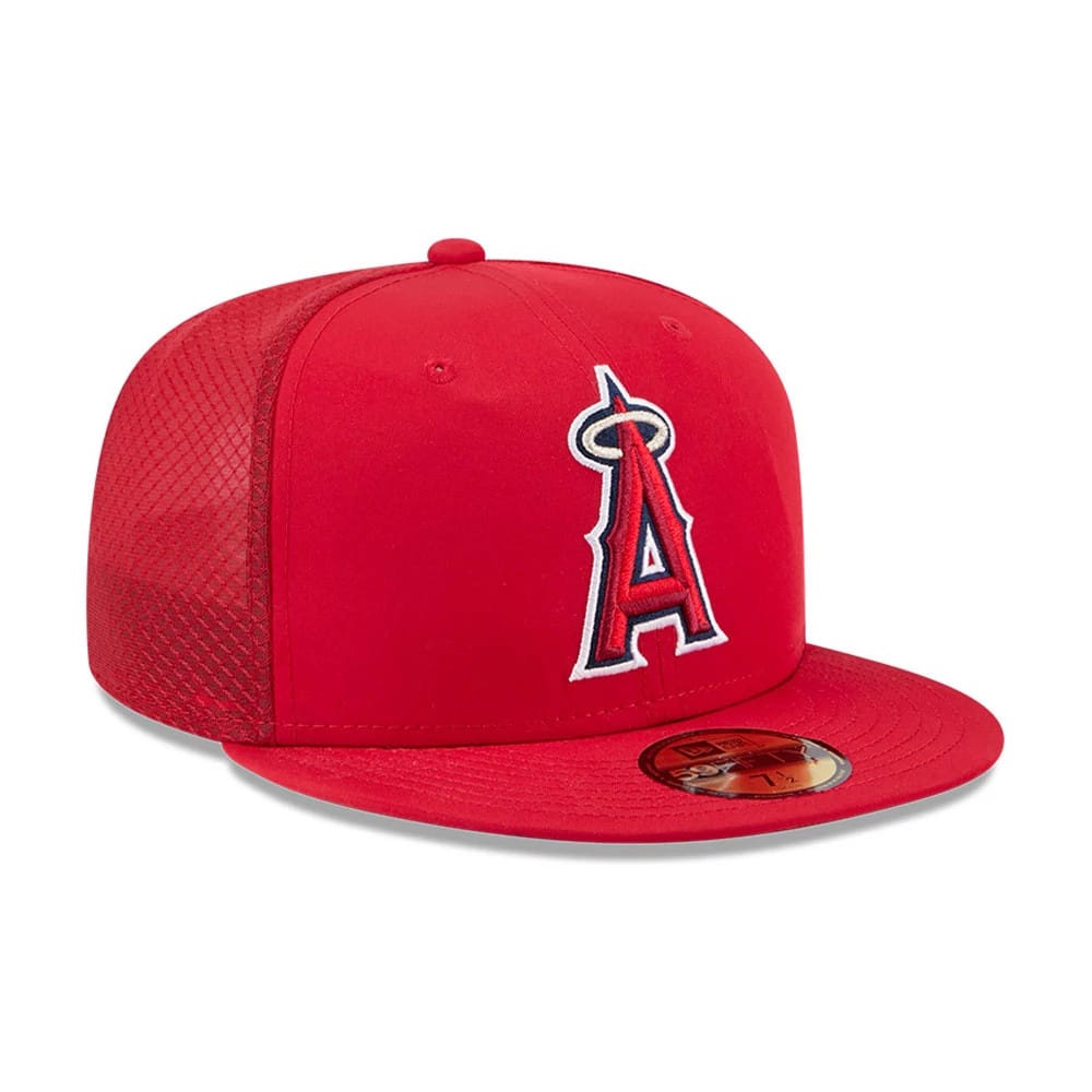 Pictured is this MLB Batting Practice 2026 LA Angels 59FIFTY Fitted cap in red. 3