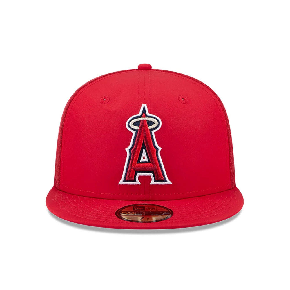 LA Angels MLB Batting Practice 2026 Red New Era 59FIFTY Fitted Cap, front view showing a raised embroidered LA Angels A logo with a halo in white and navy thread on the red front panel, with a gold 59FIFTY size sticker on the red flat visor.