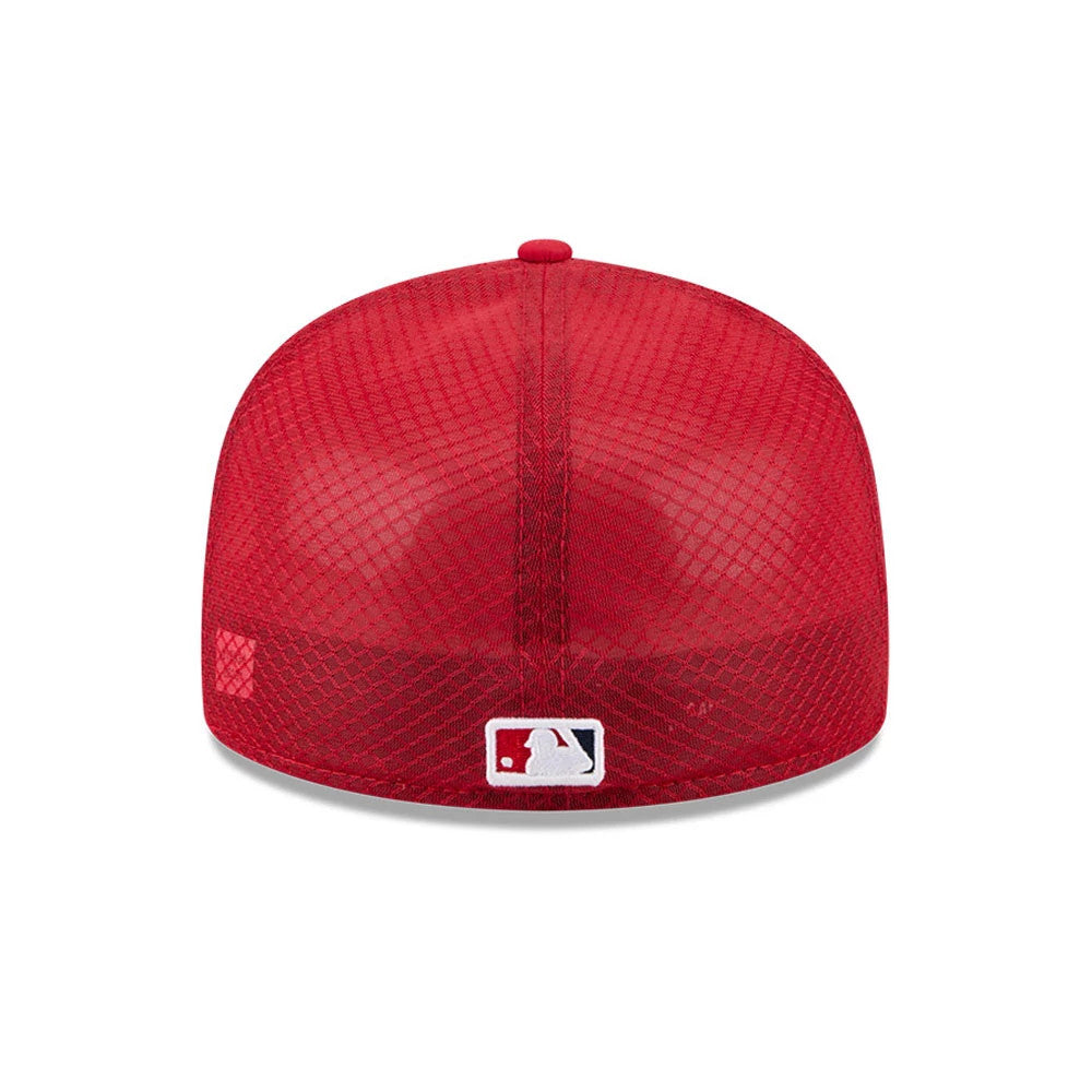 LA Angels MLB Batting Practice 2026 Red New Era 59FIFTY Fitted Cap, rear view showing the white and red embroidered MLB Batterman logo at the centre back, set against a fully red mesh crown with a matching top button.