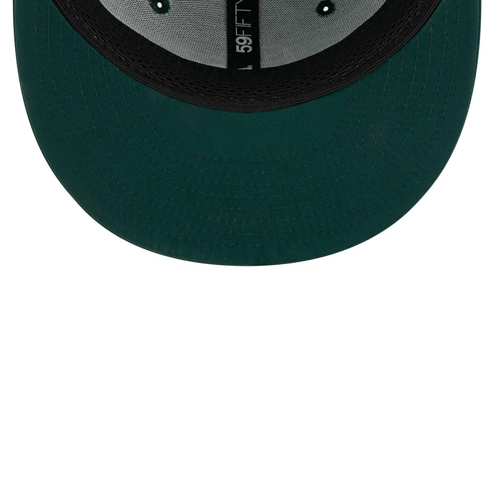 Athletics MLB Batting Practice 2026 Dark Green New Era 59FIFTY Fitted Cap, inside view showing a dark green undervisor, black taping with silver 59FIFTY branding, and a black sweatband around the edge of the structured interior.